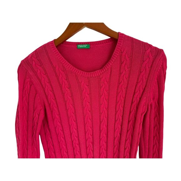 UNITED COLORS Of BENETTON Cable Knitted Crewneck Cotton Red Raspberry Size Small - Picture 3 of 10